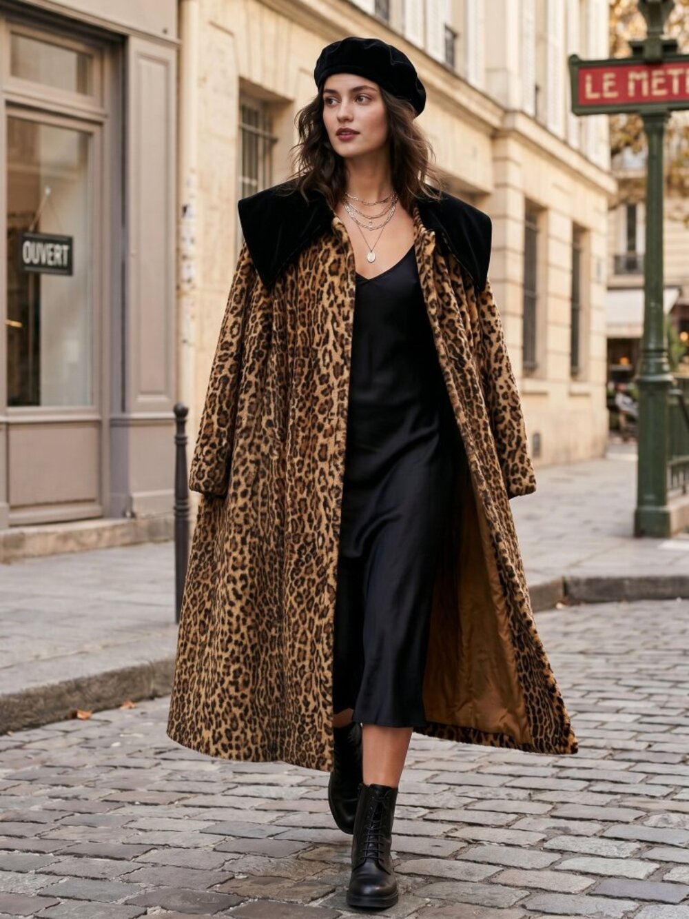 Vintage Cathy Waterman Leopard Print Long Coat with black velvet caplet